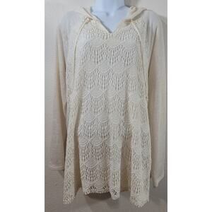 New Directions Cream Beige Lace Overlay Slub Knit Hoodie Top XL Lightweight Soft